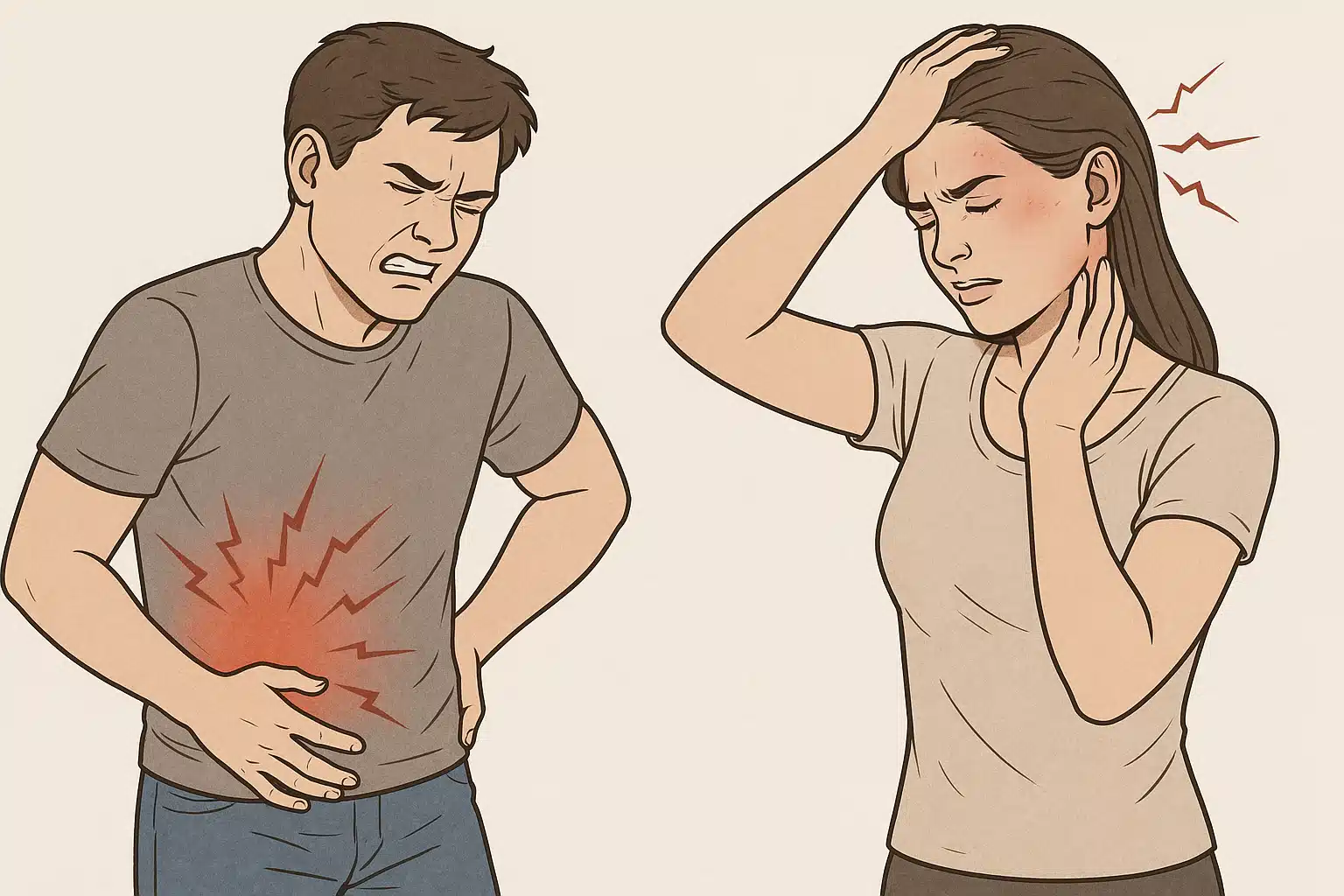 젊은 성인 남녀가 옆구리·허리·두피·턱 주변을 잡고 아파하는 장면, 피부 발진은 약하거나 거의 없는 모습