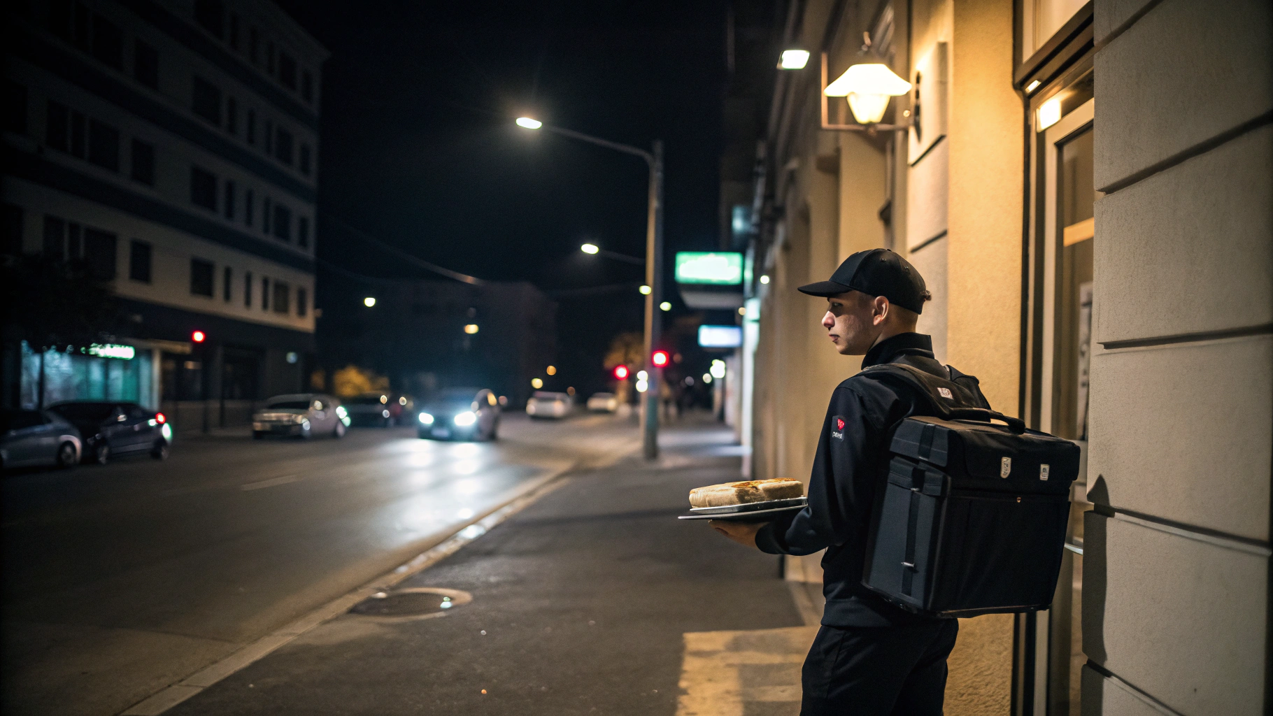 야간에 음식 배달을 하고 있는 회사원