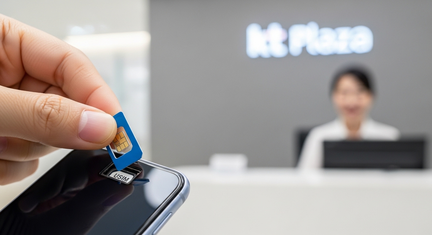 KT 직원이 새로운 유심을 휴대폰 유심 트레이에 삽입하는 모습. 쉽고 빠른 유심 교체 과정을 보여준다.