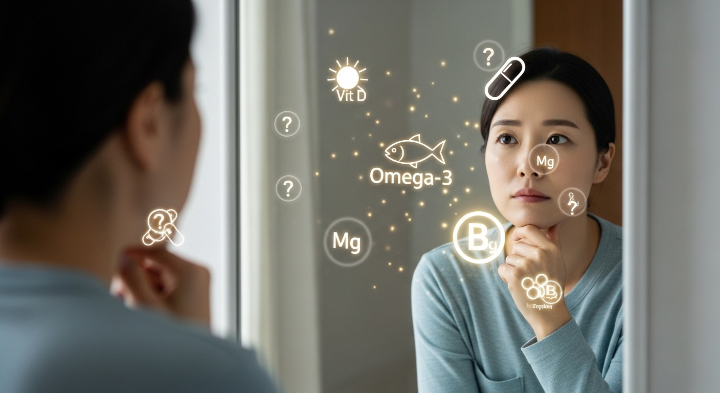 거울 속 자신을 보며 어떤 영양제가 필요할지 고민하는 사람의 모습