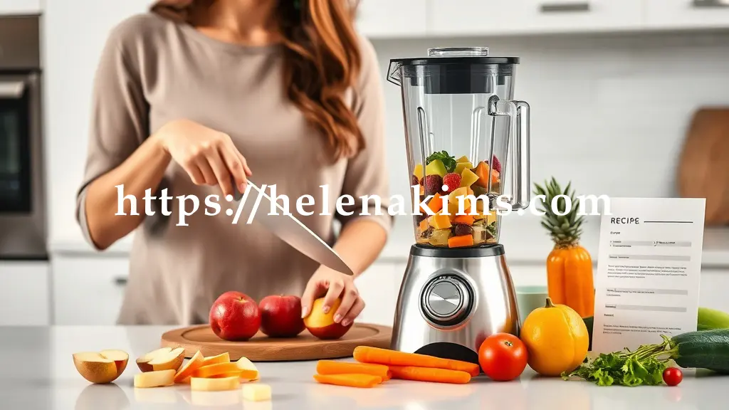밝고 깨끗한 주방 카운터에서 한 여성이 신선한 사과와 당근을 능숙하게 자르고 있습니다. 바로 옆에는 투명한 고성능 믹서기가 대기하고 있으며, 믹서기 안에는 이미 몇몇 재료들이 담겨 있습니다.