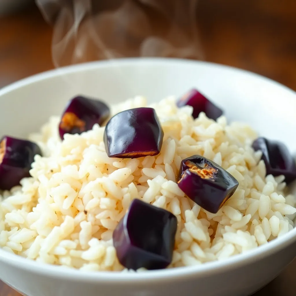 밥솥에서 갓 지어진 가지밥이 따뜻하게 김을 내뿜는 모습입니다. 큼지막하게 썰린 가지들이 밥알 사이사이로 보이는 컷으로, 건강하고 담백한 매력을 강조합니다.