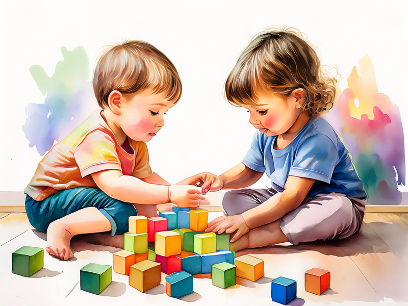 아이 두명이 블록놀이를 하고 있는 그림