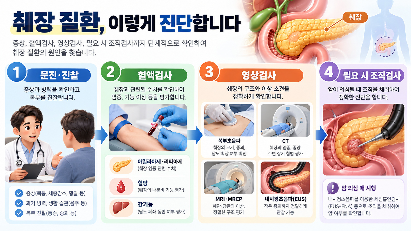 문진과 진찰, 혈액검사, 복부초음파와 CT·MRI·내시경초음파, 필요 시 조직검사로 이어지는 췌장 질환 진단 개념도