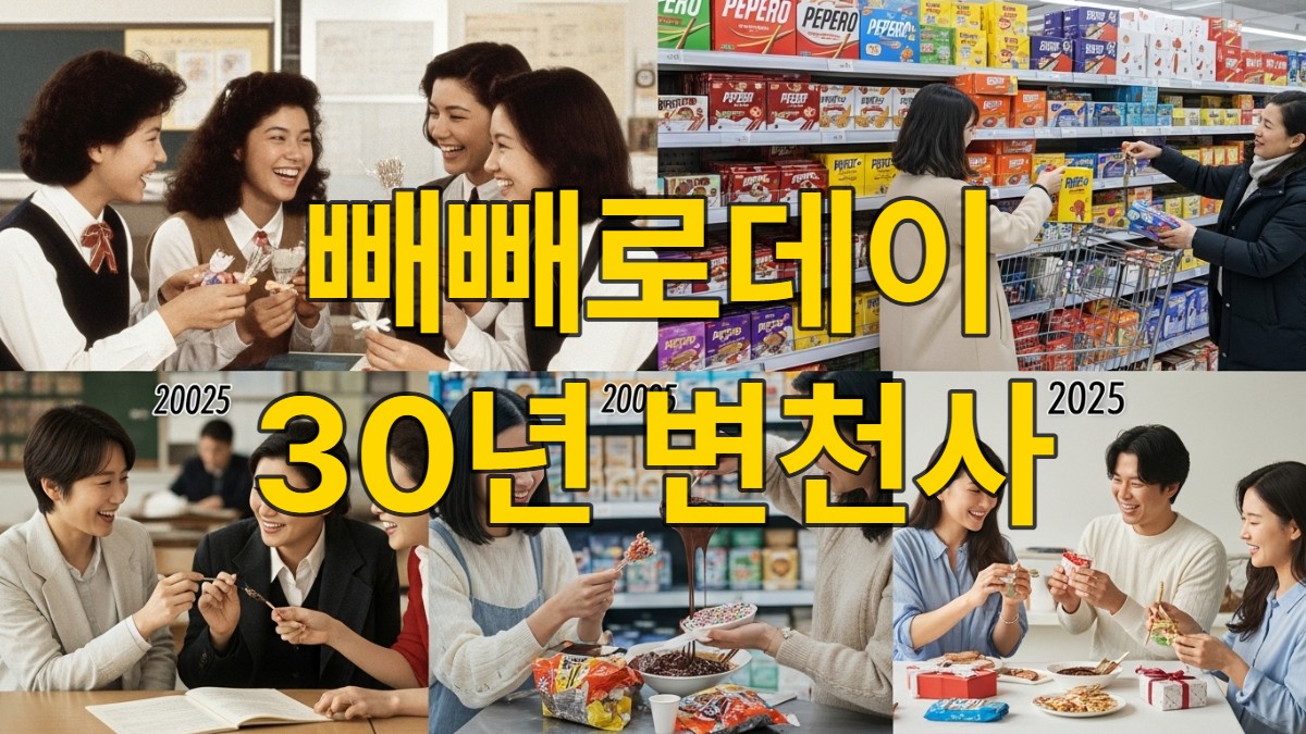 1980년대부터 2025년까지 빼빼로데이의 변화를 보여주는 이미지. 학생들이 빼빼로를 교환하는 모습, 상업화된 빼빼로 진열대, 그리고 직접 만든 빼빼로를 주고받는 현대적인 장면이 한데 어우러져 한국 사회의 문화 변천사를 시각적으로 나타냅니다.