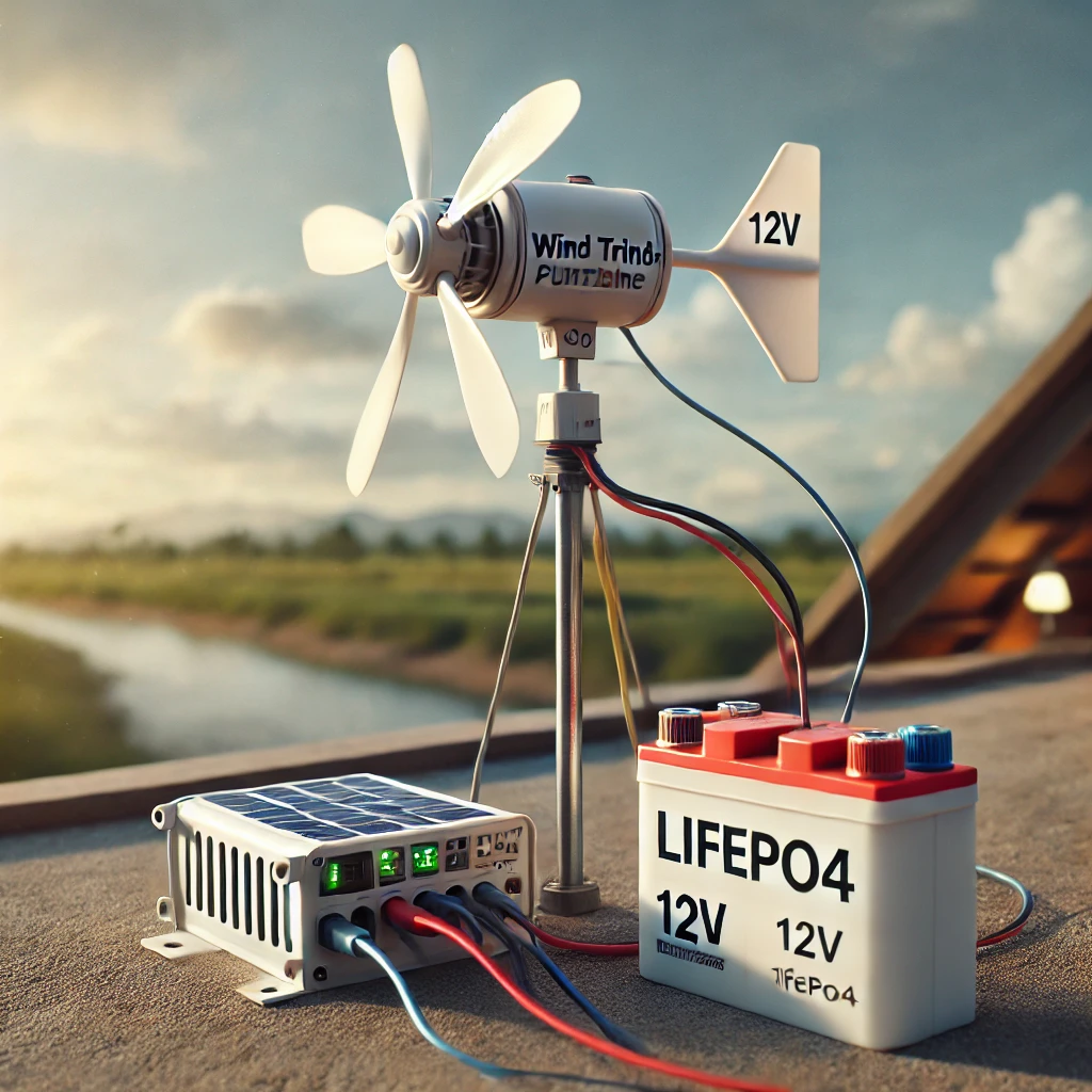 옥상에 설치된 소형 풍력발전기와 12V 배터리, 충전 컨트롤러로 구성된 생존용 전력 셋업 &ndash; 비상 상황에서도 사용 가능한 미니 터빈 시스템