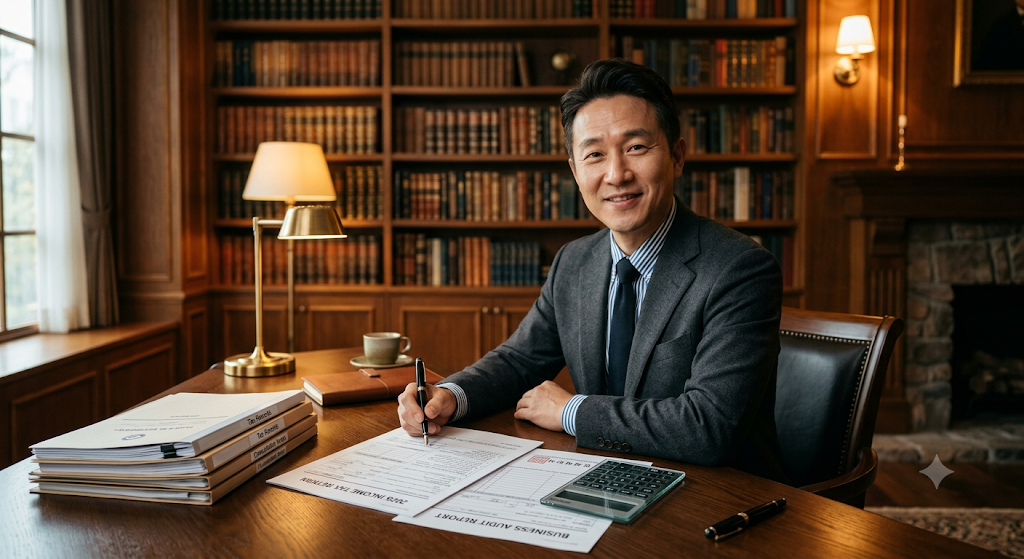 세련된 서재에서 유리 자산관리 계산기와 연말정산 절세 가이드북을 보며 미소 짓는 40대 가장
