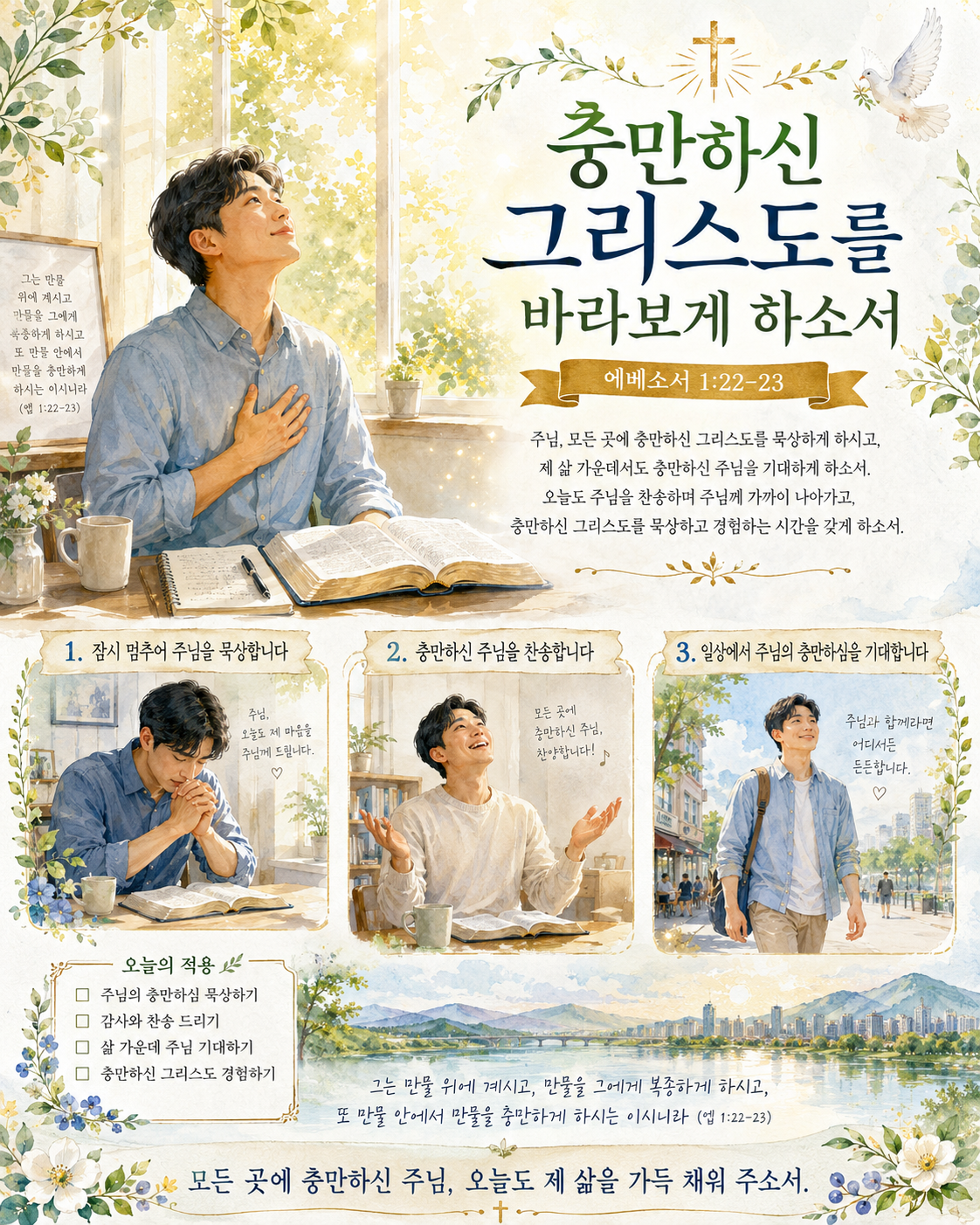 에베소서 1:22-23 말씀을 통해&amp;#44; 모든 곳에 충만하신 그리스도를 묵상하며&amp;#44; 제 삶 가운데서도 충만하신 주님을 기대하며&amp;#44; 충만하신 하나님을 찬송하며 충만하신 주님께 나아가는 시도를 하며&amp;#44; 충만하신 그리스도를 묵상하고 경험하려는 시간을 갖는 모습입니다.