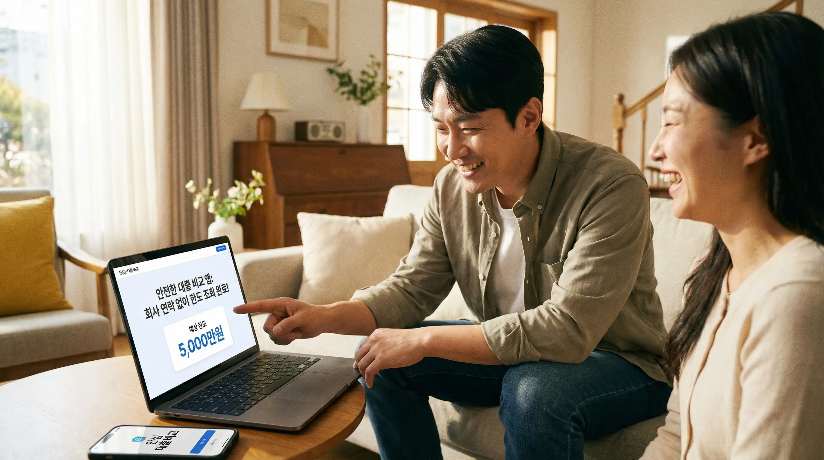 안전한 대출 비교 앱을 통해 회사 연락 없이 한도를 조회하고 만족해하는 모습