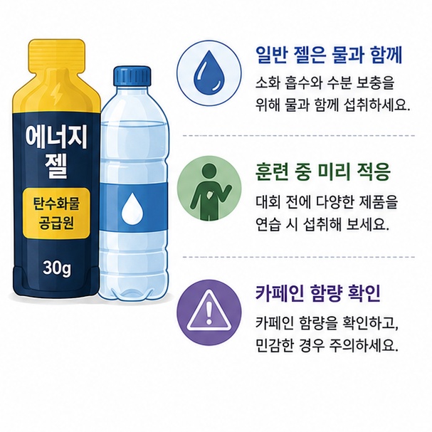 고농도 탄수화물 젤은 일반적으로 물과 함께 섭취하고 대회 전에 훈련에서 위장 적응과 카페인 함량을 확인해야 함을 설명한 이미지