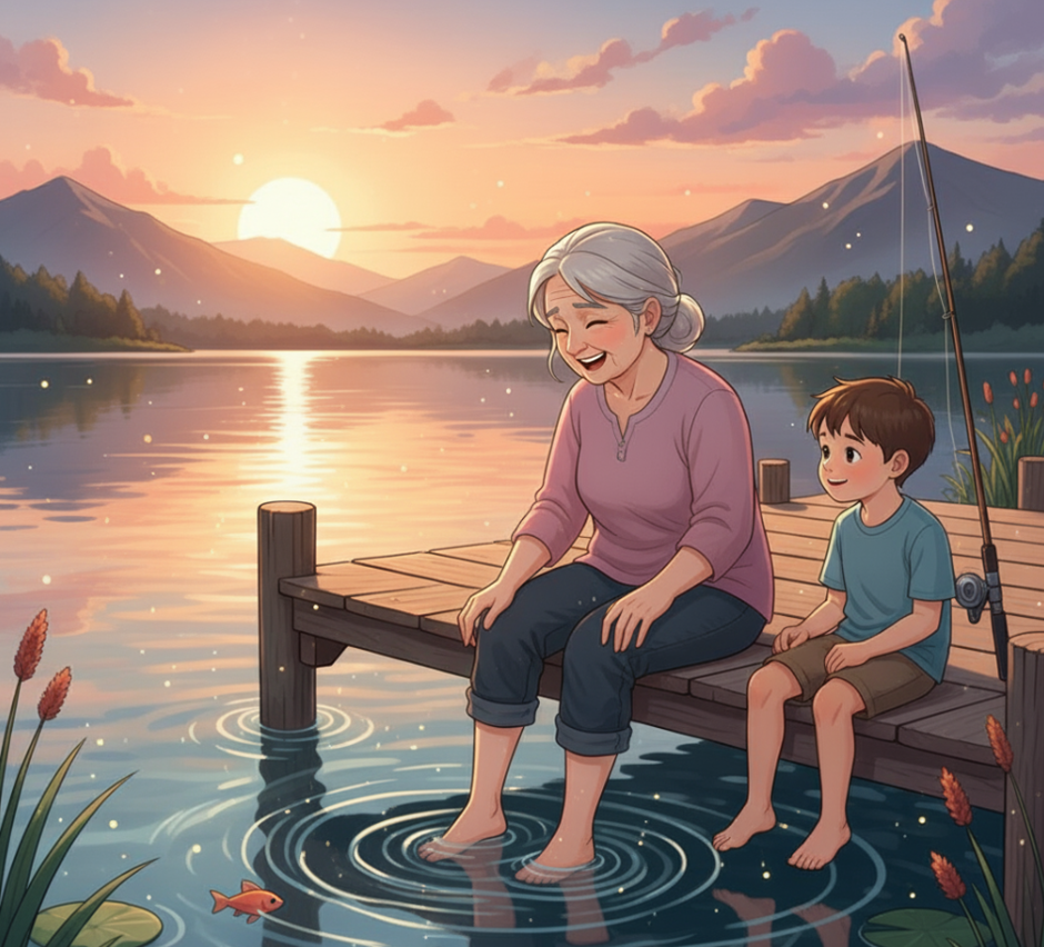 치매어르신과 손자가 물가에 발을 담그고 있는 모습