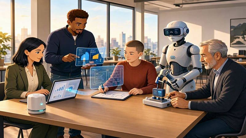 <img src="human-and-machine.jpg" alt="인간과 인공지능 기기가 함께 협력하는 모습을 담은 일러스트">
