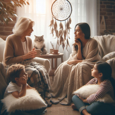꿈 이야기 속에서 할머니와 아이들이 함께 앉아 꿈에 대해 이야기하는 장면입니다.
