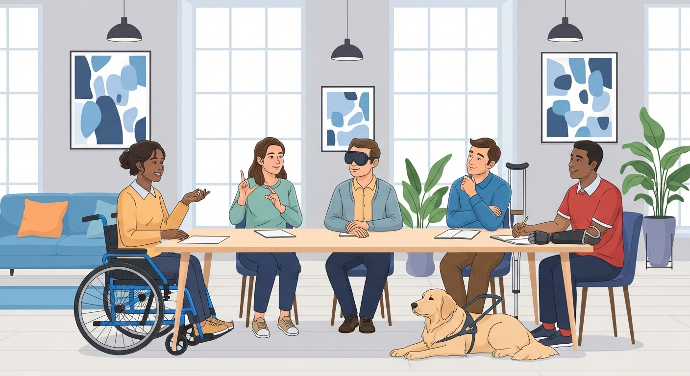 다양한 중증장애인들이 모여 희망찬 대화를 나누는 모습, 장애인연금 지급 대상의 포용성을 상징.