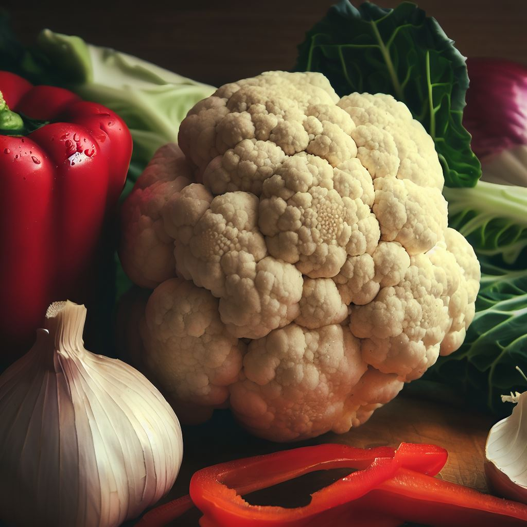 콜리플라워, 양배추, 붉은 피망, 양파, 마늘