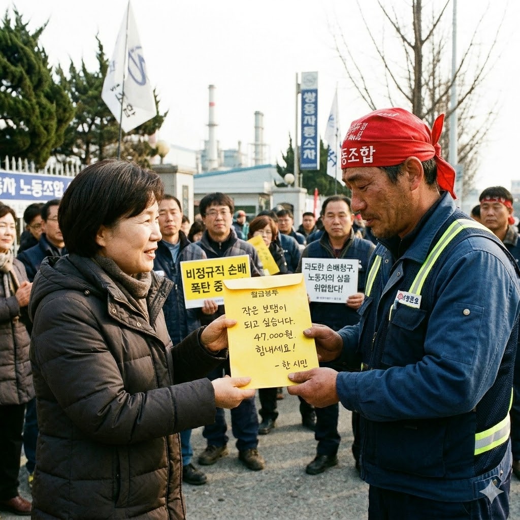 노동조합이 공장 점거 파업을 벌인 후파업 참가 노동자들에게 총 47억 원 규모의 손해배상금을 청구하라는 판결을 내렸습니다.
이에 한 시민이 “4만 7천 원이라도 보태고 싶다”며 노란 월급봉투에 돈을 넣어 보내는 캠페인을 시작한 걸 이미지로 재탄생시킨 이미지