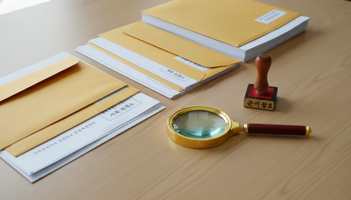 장애인연금 신청을 위해 준비된 서류와 돋보기