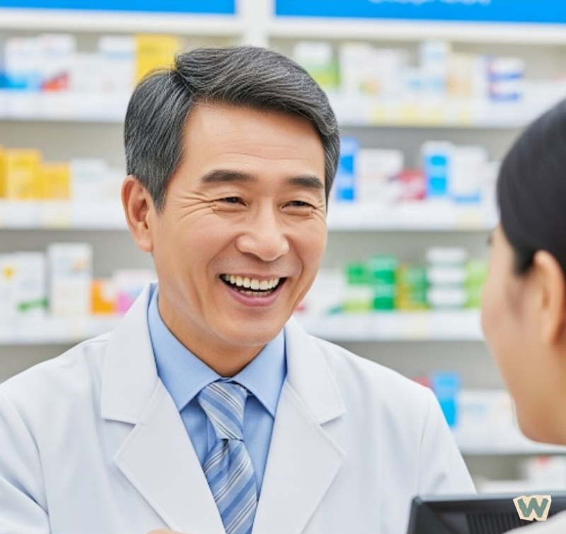 약사가 약국에서 환자에게 비타민과 건강기능식품에 대해 친절하게 상담하고 있는 모습 via Gemini