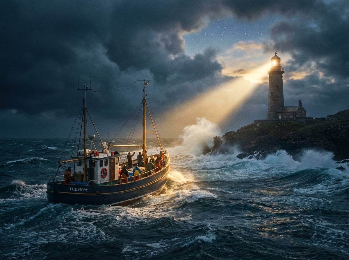 폭풍우가 치는 바다 위에서 등대 불빛을 따라 항해하는 배