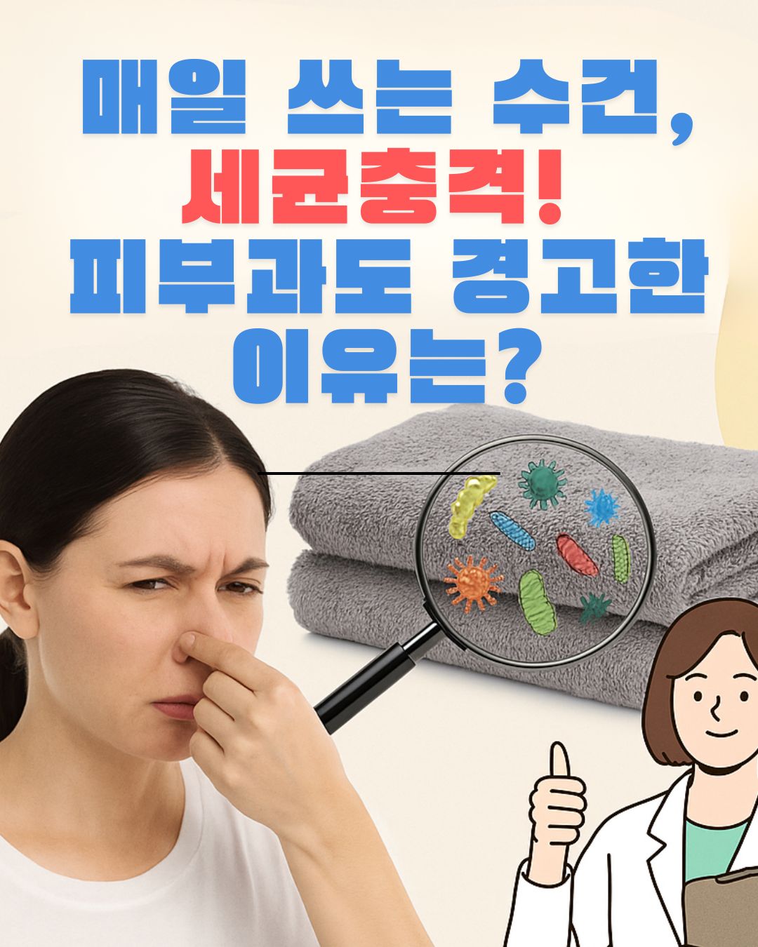 매일 사용하는 수건에서 발생하는 세균 문제를 경고하는 정보형 썸네일 이미지