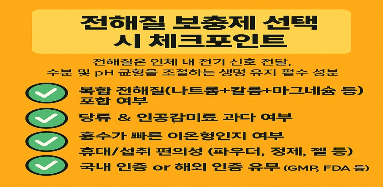 전해질 보충제 선택 시 고려해야 할 5가지 항목이 정리된 체크리스트 이미지