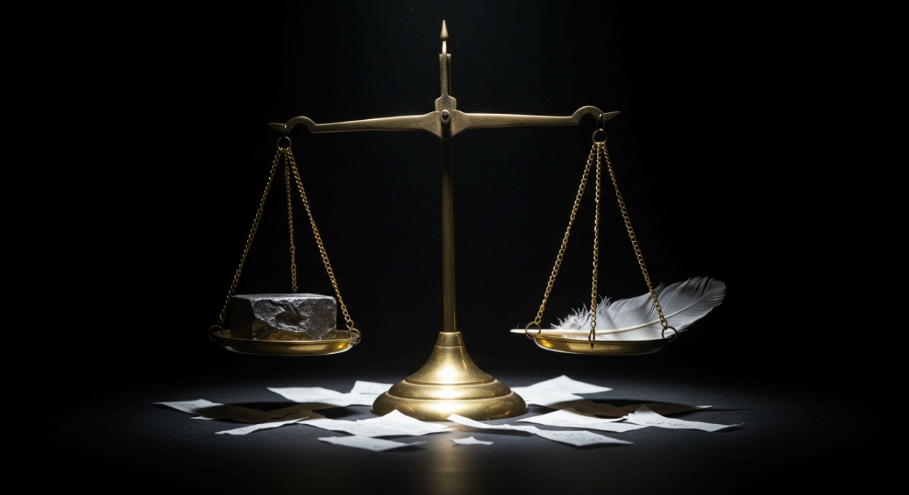 황동의 저울 한쪽에는 무거운 벽돌이 다른쪽에는 깃털이 놓였지만 저울은 평형 상태이다