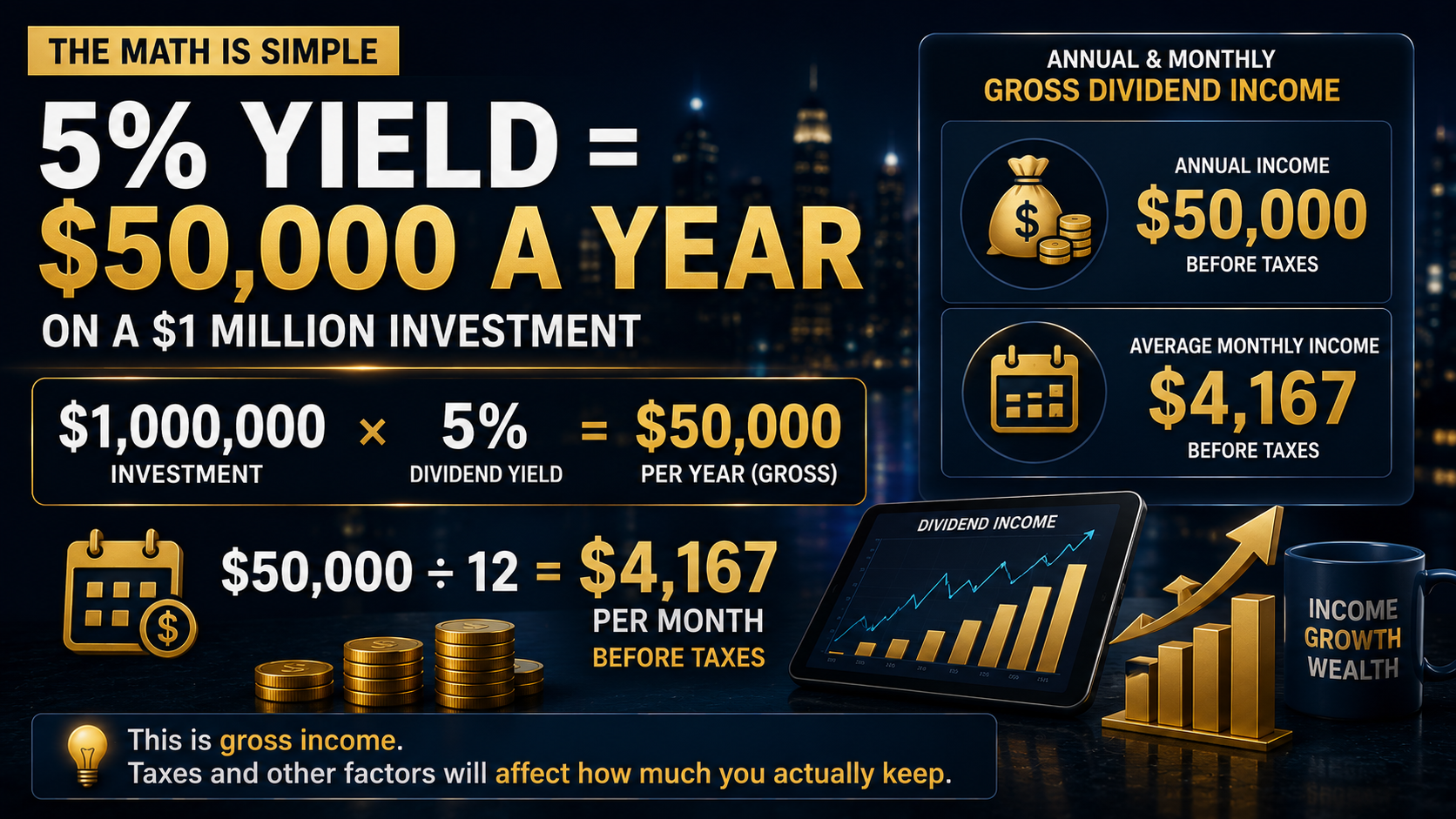 $1 million investment at a 5 percent dividend yield generating $50,000 annually and $4,167 monthly before taxes
