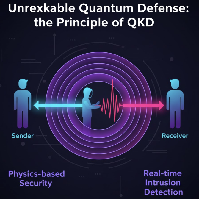양자 키 분배(QKD)를 통해 송신자와 수신자가 안전하게 암호 키를 공유하고, 중간에 도청자가 광자를 관측할 때 양자 상태가 변화하여 즉시 발각되는 원리를 설명하는 보안 기술 인포그래픽 이미지