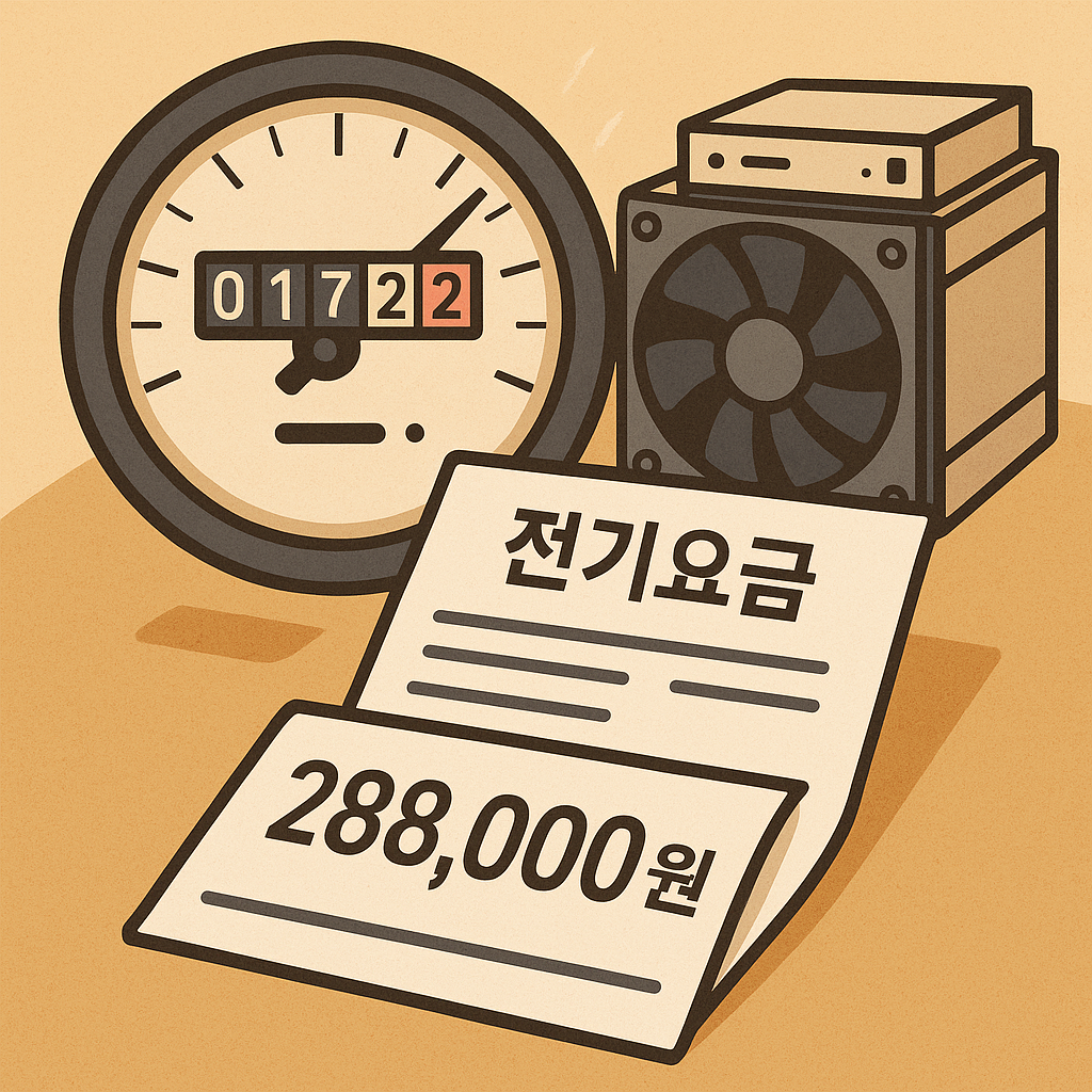 "채굴기의 전기요금 계산을 보여주는 전기 계량기와 고지서"