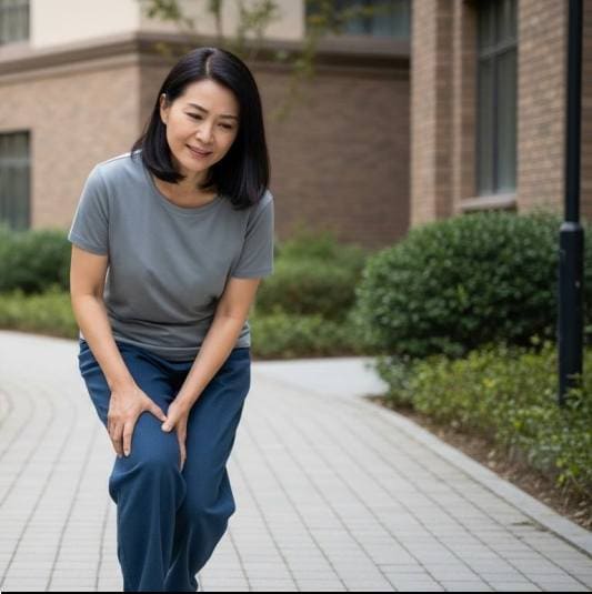 시호 효능 근육 통증 개선, 걷다가 갑자기 다리 근육이 아픈 중년 여성 사진