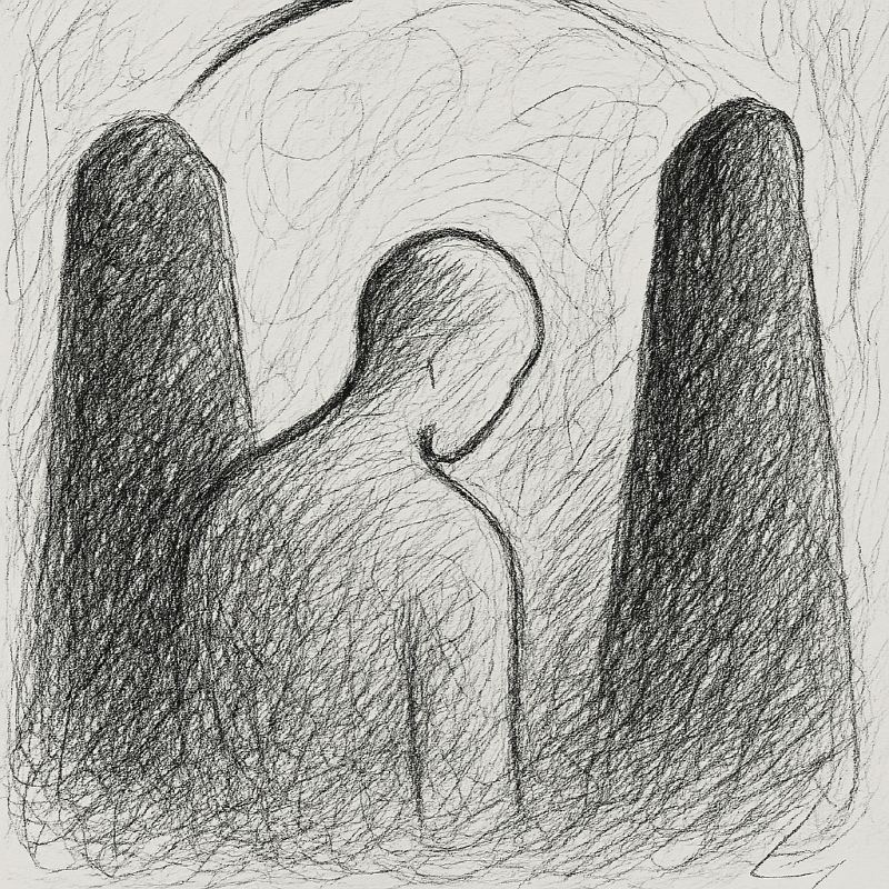 인간관계에서 ‘중간에 선 사람’이 느끼는 감정과 긴장을 추상적으로 표현합니다. 잉크 드로잉 특유의 거칠고 유려한 선들이 교차하며, 중심 인물은 양쪽의 압도적인 존재 사이에서 고개를 떨군 채 서 있습니다. 배경의 곡선은 ‘사이’를 감싸며 관계의 복잡성과 감정의 소용돌이를 암시합니다.