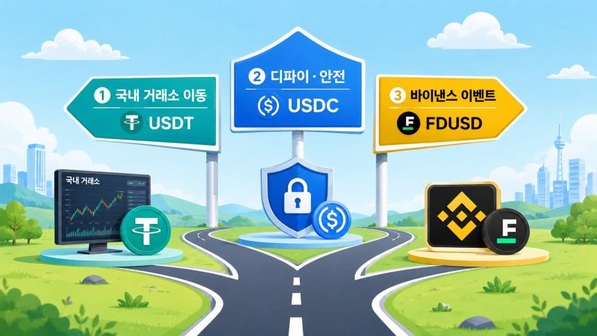 스테이블코인 선택 가이드 - USDT USDC FDUSD 상황별 추천 조합 인포그래픽