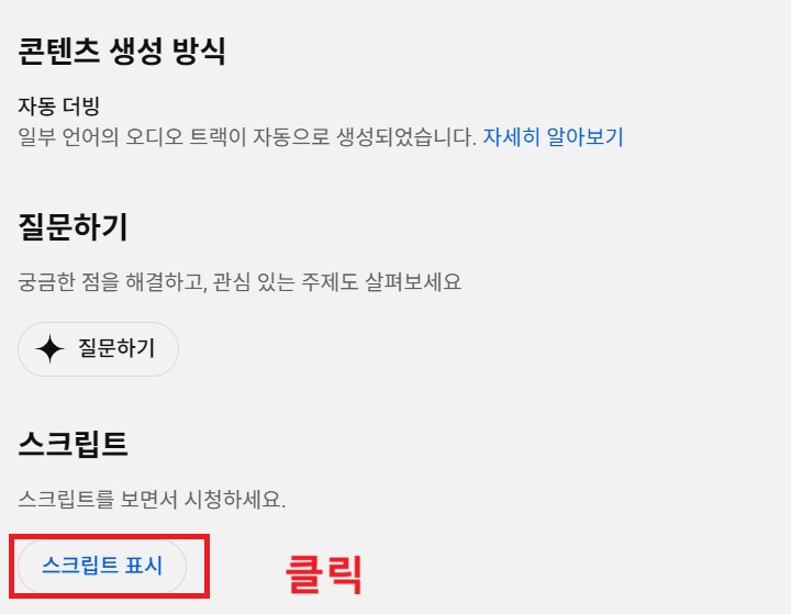 화면 하단에 스크립트 표시 보임