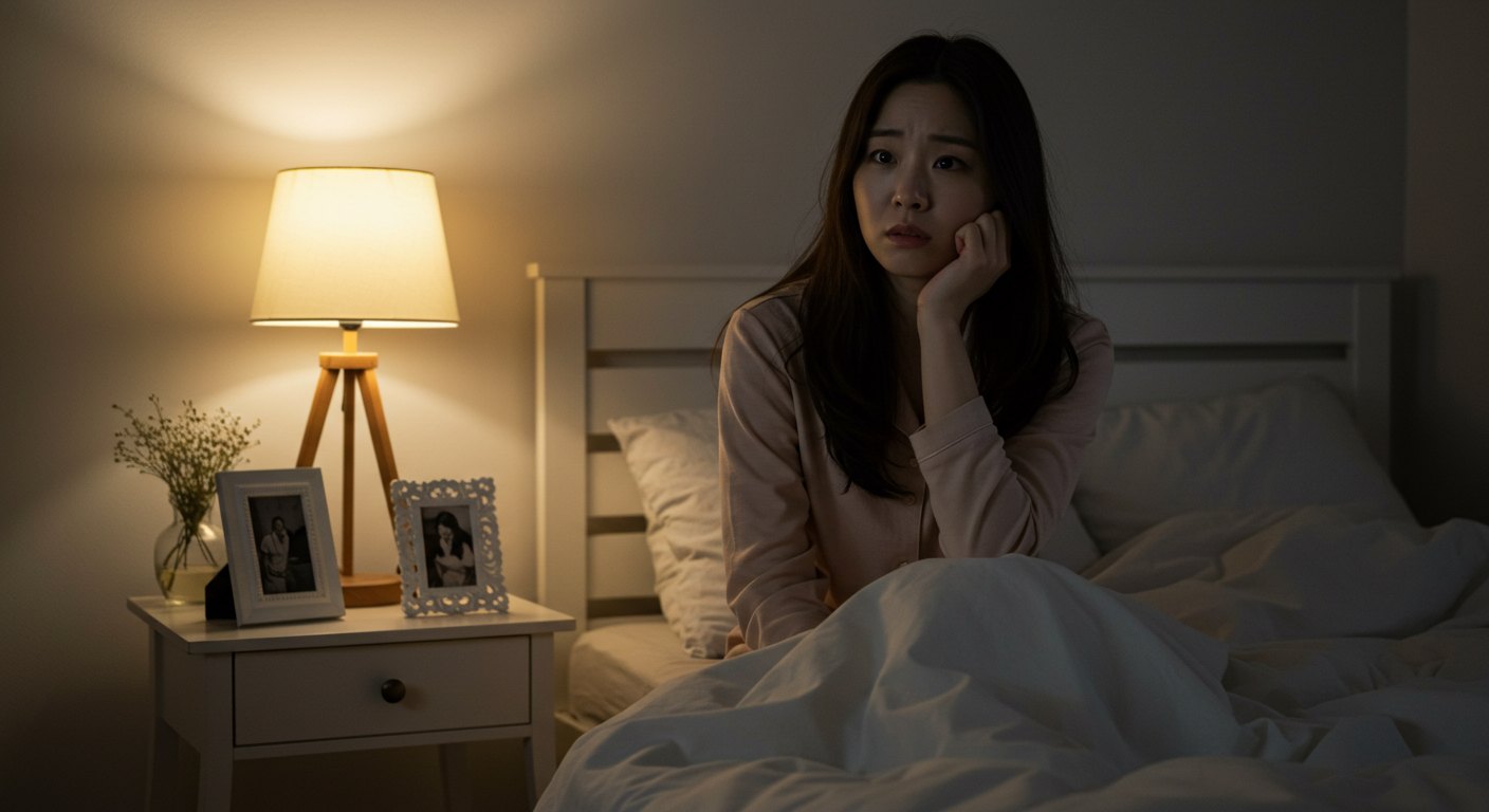불면증으로 인해 잠을 못 이루는 여성의 모습이다.