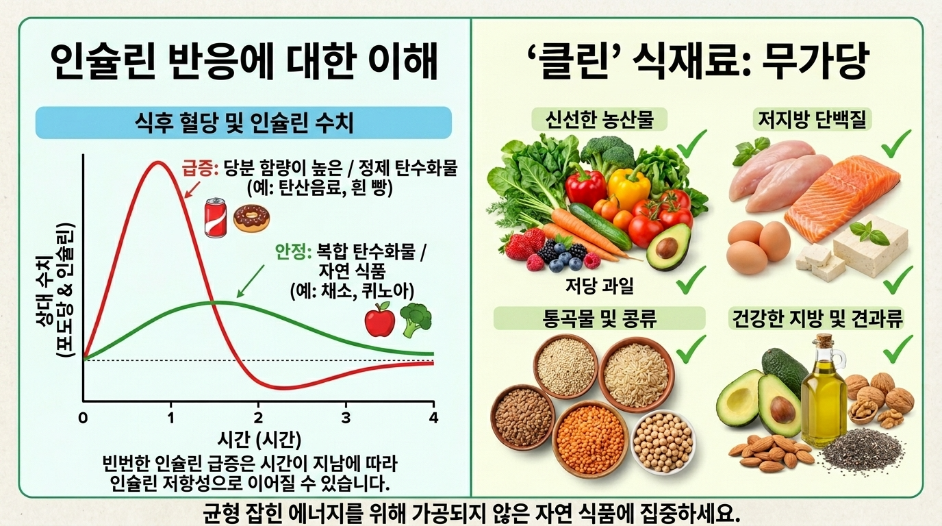 식후 혈당 및 인슐린 수치 변화 그래프와 채소, 단백질, 통곡물 등 혈당 조절에 좋은 클린 식재료 정보 그래프