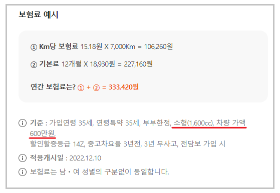 캐롯 퍼마일 보험료 예시