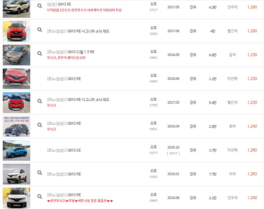 QM3 중고차 최고가 시세 표
