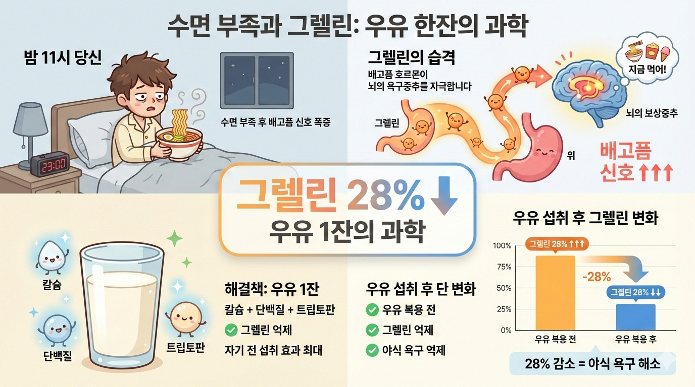 배고픔 호르몬 그렐린이 28% 증가하는 상황에서 우유가 그렐린을 억제하는 메커니즘