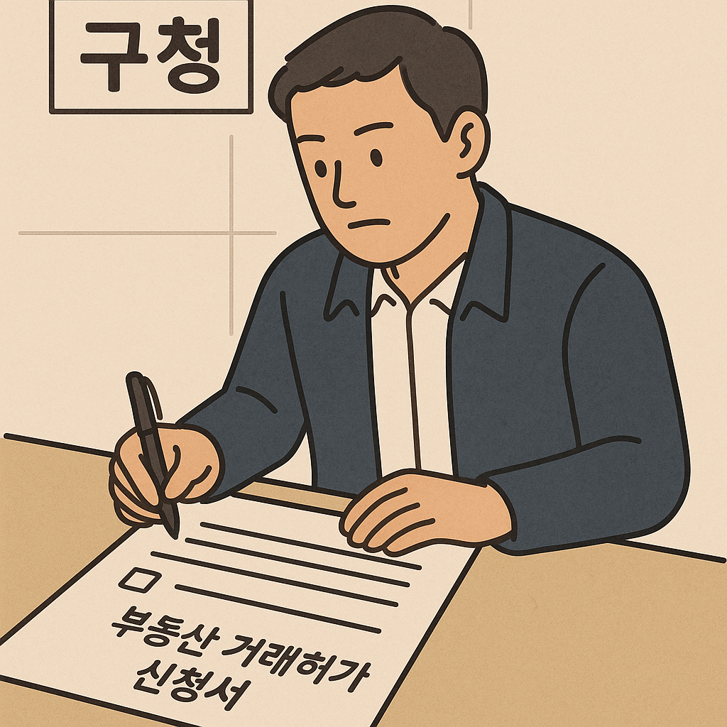 거래허가 신청서를 작성하는 사람 일러스트 또는 도식화