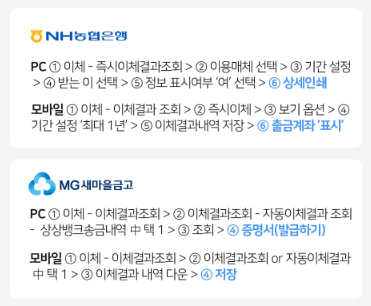 농협은행, 새마을금고 이체확인증 발급방법