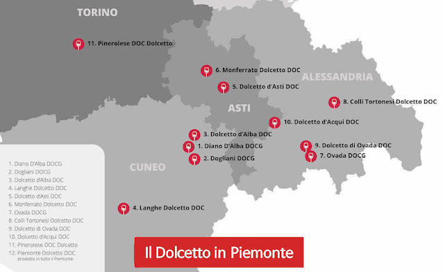 피에몬테의 주요 돌체토 와인 생산 지역