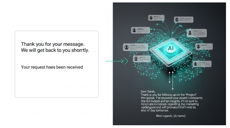 AI가 고객의 질문 맥락을 이해하여 맞춤형 답변을 생성하는 과정을 시각적으로 표현한 이미지.