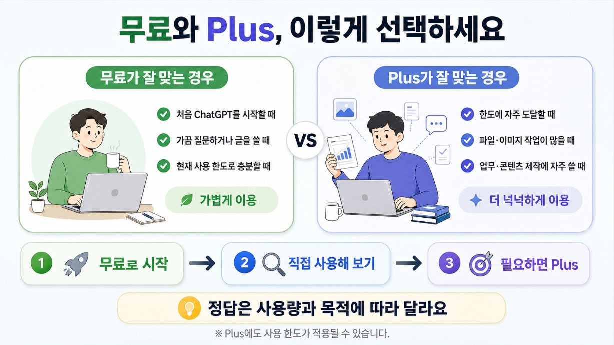 마무리 아래: 무료와 Plus 선택 가이드 요약 인포그래픽