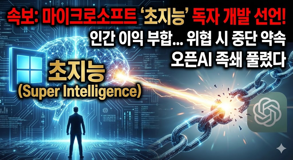 마이크로소프트(Microsoft)가 오픈AI와의 계약 제약에서 벗어나 '초지능(Super Intelligence)'을 독자적으로 개발하겠다고 선언한 속보 그래픽