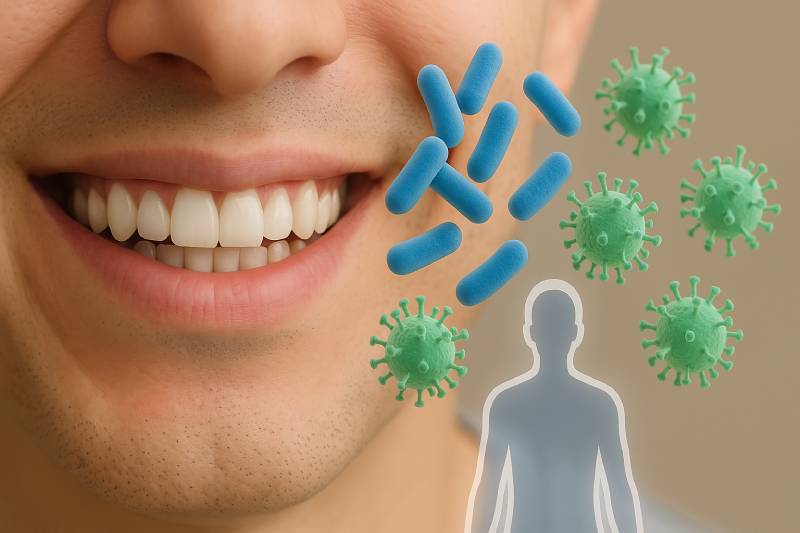구강 유산균 효과로 입속 유익균 증가와 면역 기능 향상에 도움을 주는 이미지