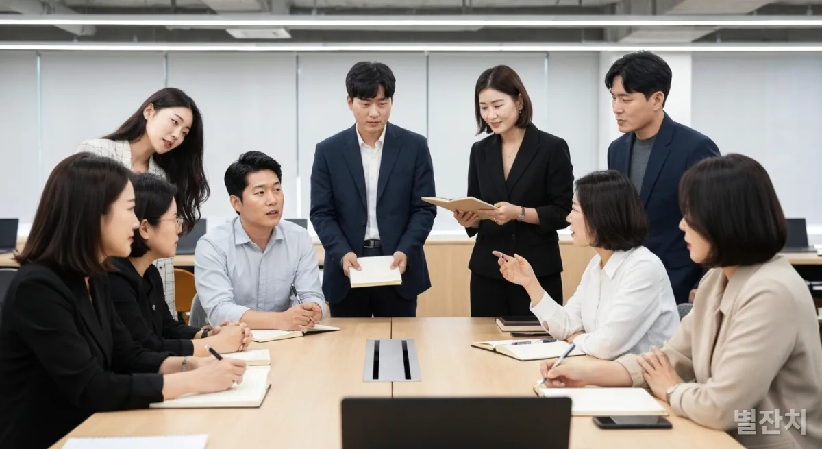 유연근무 환경에서 활발하게 토론하는 한국인 직장인들