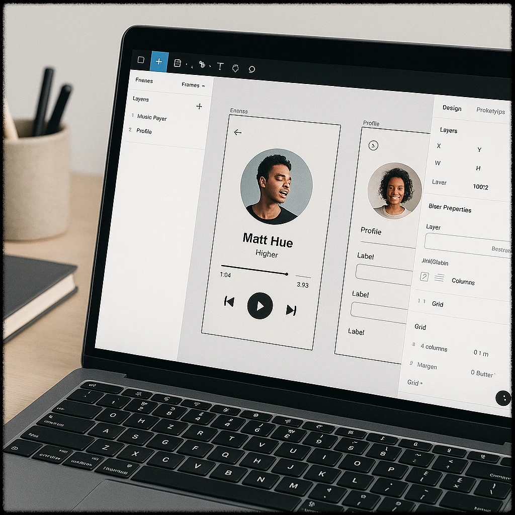 Figma에서 뮤직 플레이어와 프로필 UI를 디자인 중인 화면