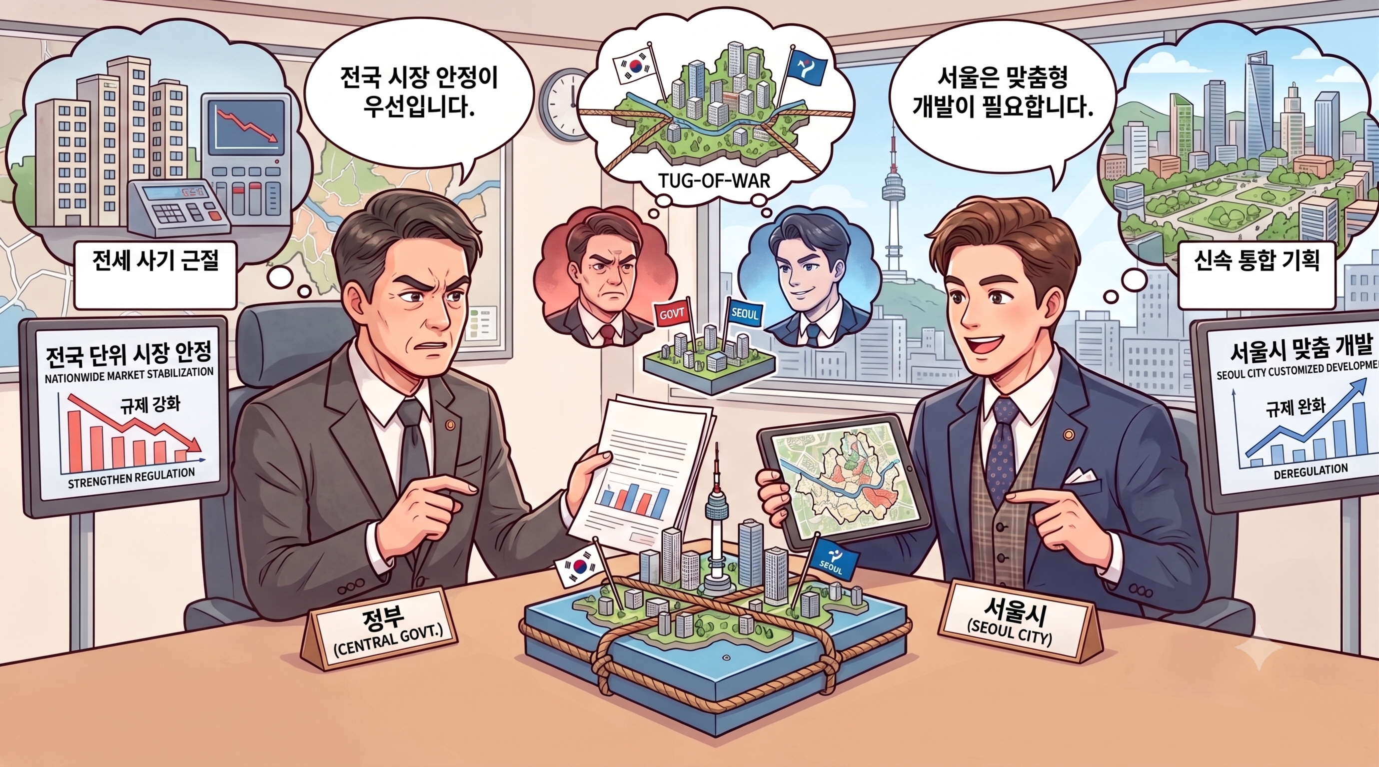 부동산 정책을 놓고 대립중인 중앙정부관계자와 서울시관계자를 표현한 이미지