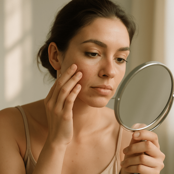 차분한 표정으로 거울을 들고 얼굴을 확인하는 여성