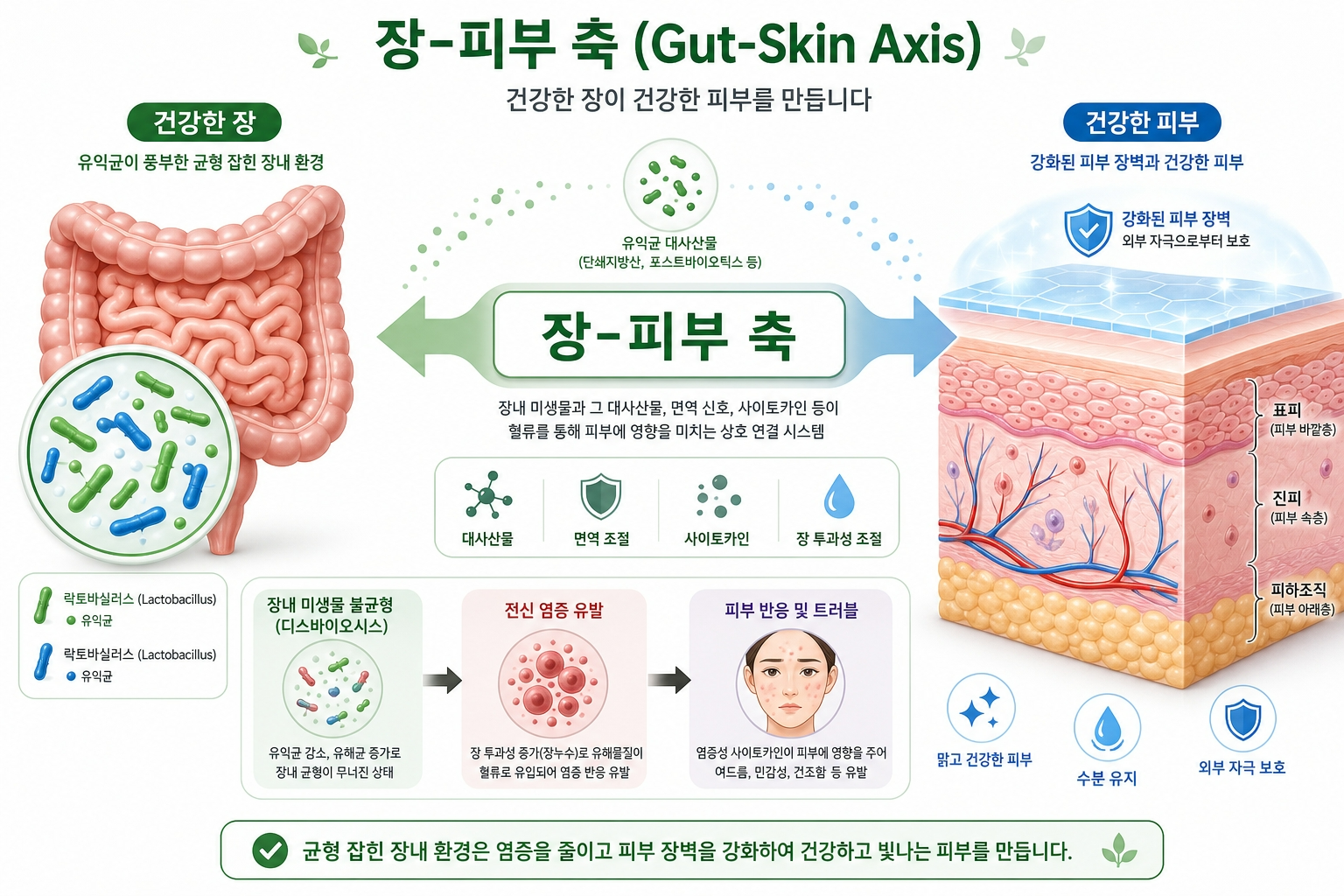 장피부축-gut-skin-axis-유산균-피부-연결-일러스트
